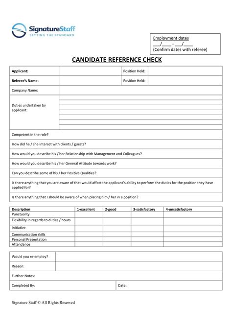reference check template entry level staff signature staff