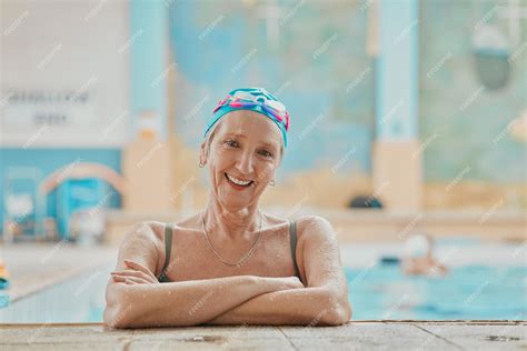 Premium Photo Swimming Pool Fun And Portrait Of A Senior Woman Doing