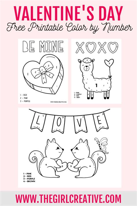 printable color  number valentine pages  girl creative