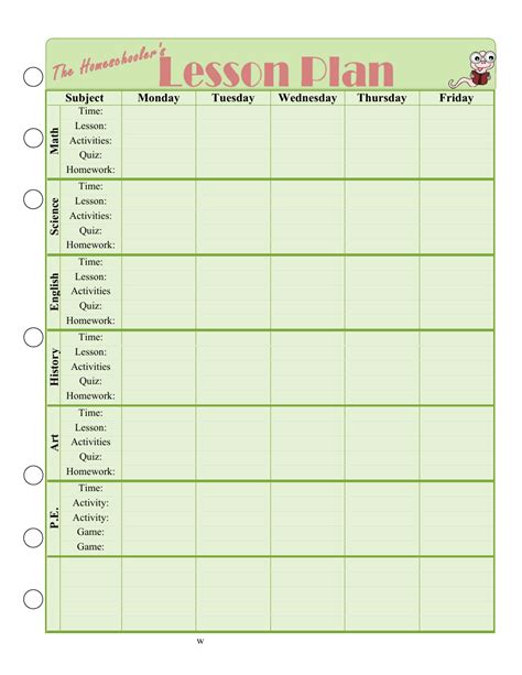 homeschool weekly lesson plan template  printable