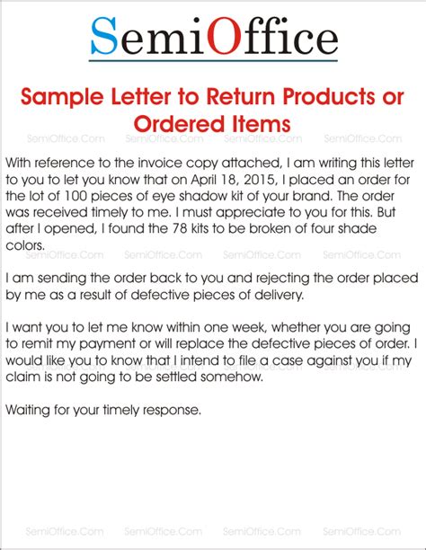 sample letter  return products  ordered items semiofficecom