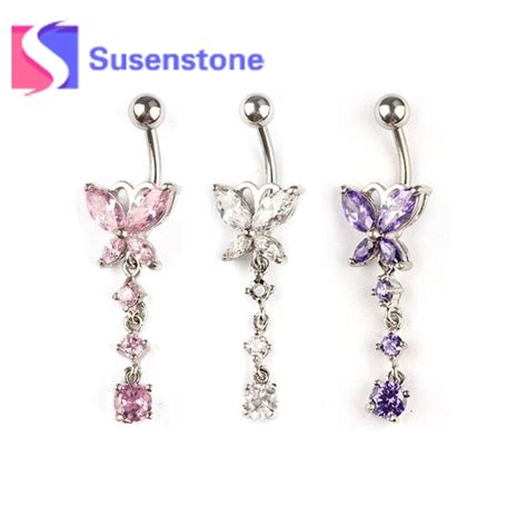 Fashion Crystal Butterfly Dangle Belly Button Ring Bar Surgical