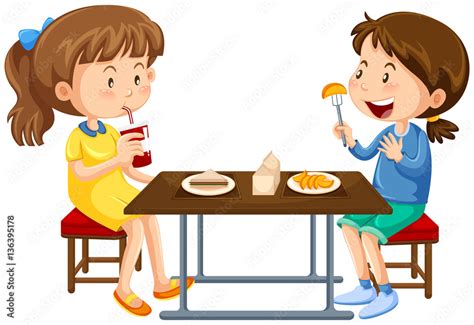 Two Girls Eating On Picnic Table Stock Vector Adobe Stock
