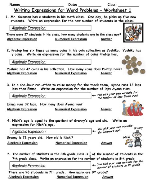 writing algebraic expressions  word problems worksheet  answers
