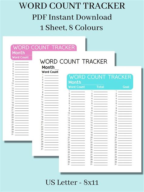 Word Count Tracker Printable Pdf Instant Download Letter Etsy Canada