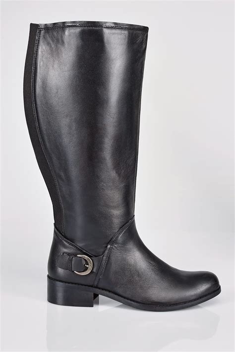 black leather knee high riding boots  buckle detail  eee fit