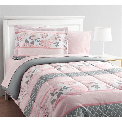 Carley Stripe Floral Pink Gray 11 Piece Bed In A Bag With Extra Sheet