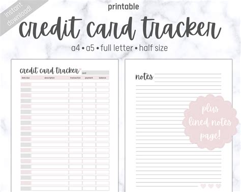 credit card tracker printable financial planner money etsy