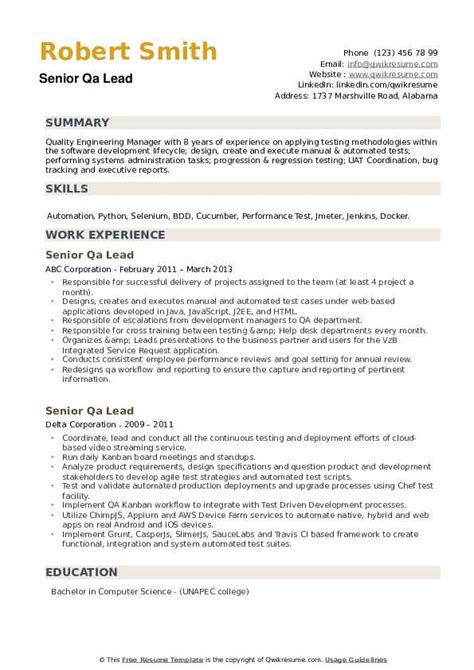 senior qa lead resume samples qwikresume