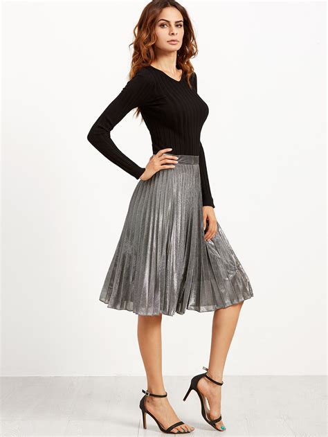 metallic pleated skirt shein sheinside