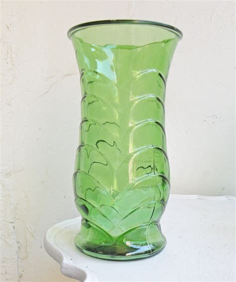 Three Vintage Green Glass Flower Vases Large Faceted Glass