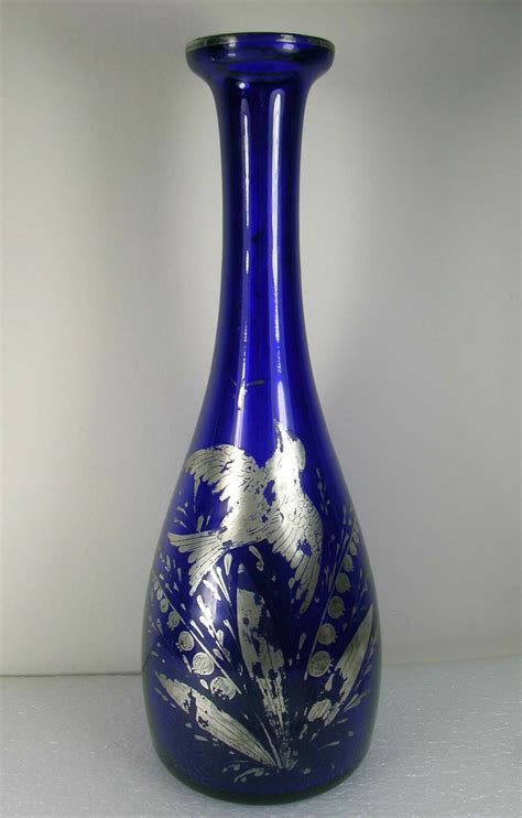 Art Deco Antique Cobalt Blue Sterling Silver Overlay Tall Vase Vintage