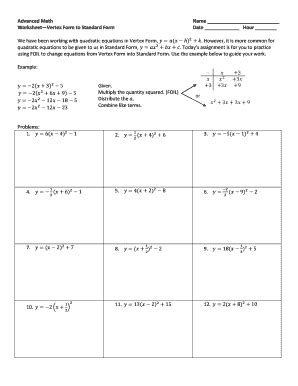 advanced math worksheet vertex form  standard form answers fill