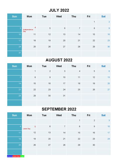 july august september  calendar  holidays printable