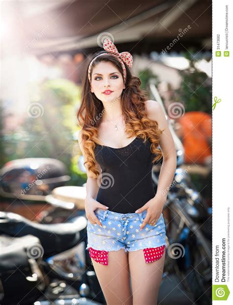 The Pin Up Beautiful Girl With Long Hair Outdoor Growth