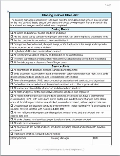 restaurant side work checklist template   template