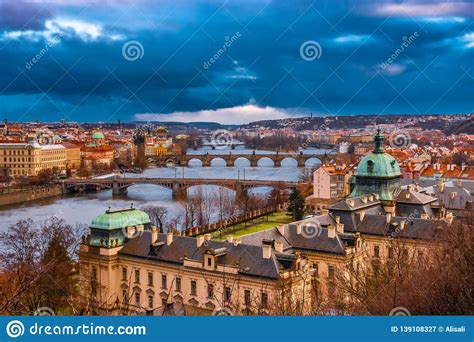landscape of bridges over vltava river in prague city