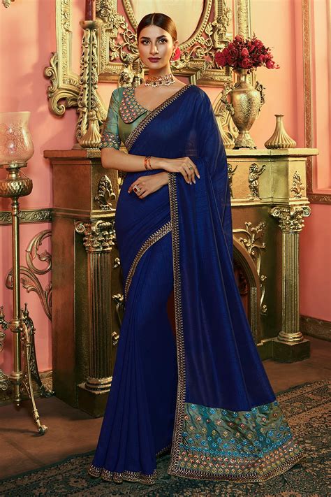 buy ink blue embellished silk saree online like a diva
