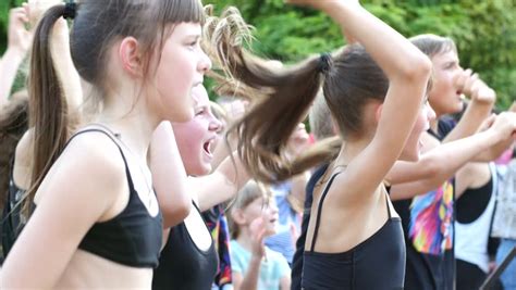kherson ukraine aug 29 2015 teen girl dance troupe dancing barefoot at a fest on public