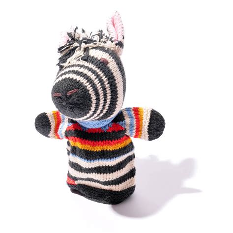 hand knitted zebra hand puppet  organic cotton chunkichilli