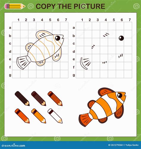 copy drawing  clown fish vector draw worksheet  cute fish stock