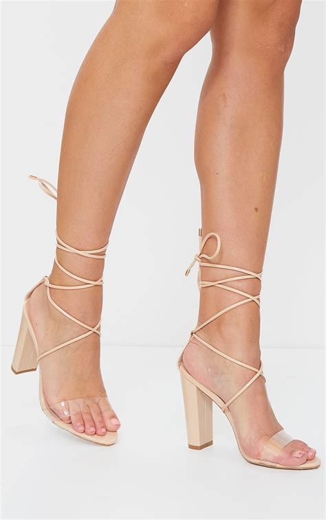 Nude Clear Strap Lace Up Block Heel Sandals Prettylittlething