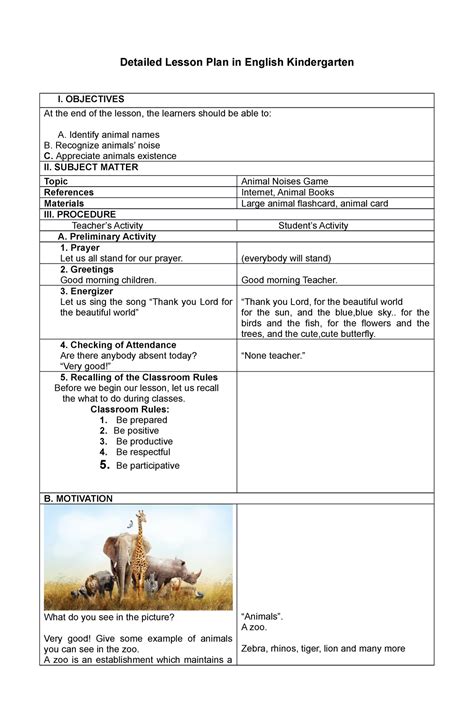 detailed lesson plan  english kindergarten objectives