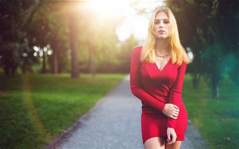 wallpaper blonde girl red dress pretty hd picture image