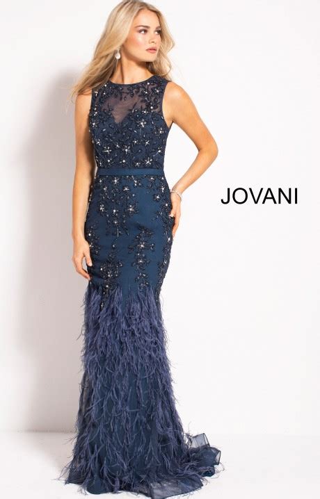 jovani 54462 long high neck beaded gown with feathers