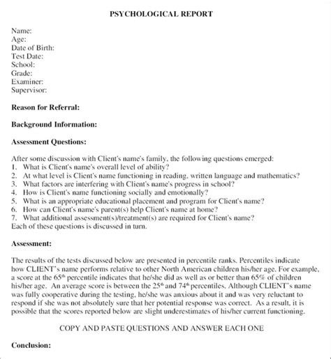 psychoeducational report template  professional templates report