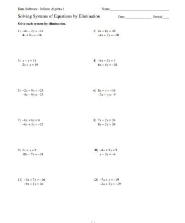 solving systems  equations  elimination worksheet