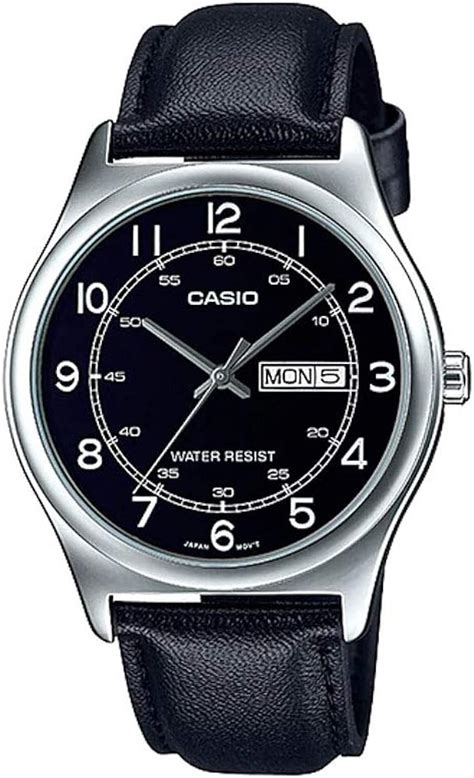 casio mtp vl  mens black leather band black numbers dial day date analog dress