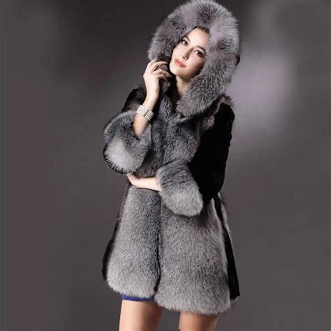 women winter hooded fake fur coats  size xl fashion artificial black faux fox fur coat
