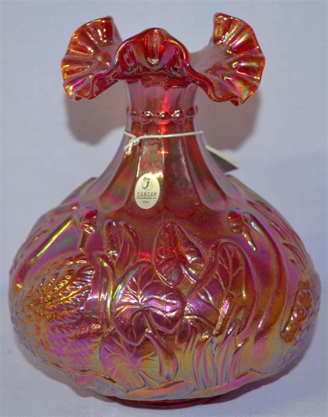 fenton glass red carnival swan vase with a crimped and ruff