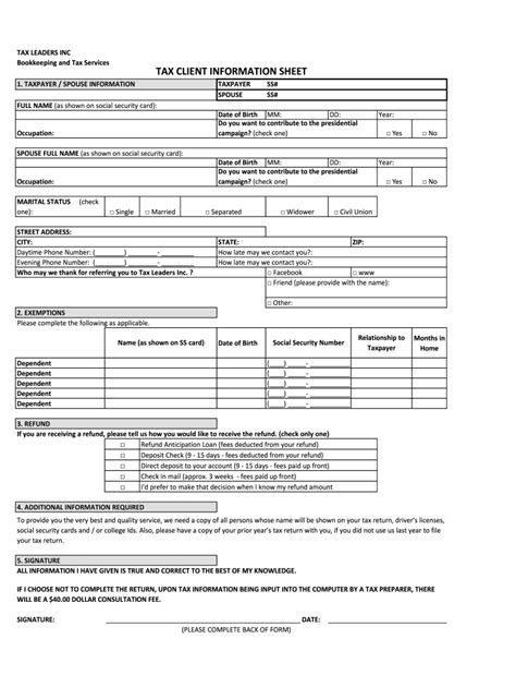 tax leaders  tax client information sheet fill  sign printable