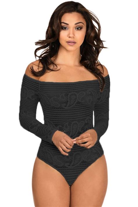 Women Sexy Off Shoulder Black Long Sleeve Bodysuit Online Store For
