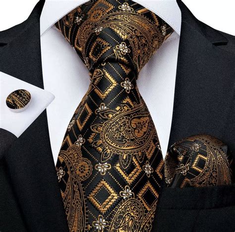 mens silk coordinated tie set luxury gold  black   silk necktie set mens silk