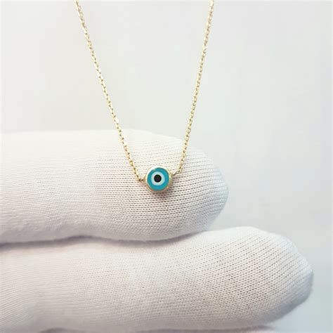 real solid yellow gold evil eye pendant necklace  women navy blue  turquoise