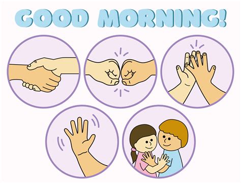 classroom morning  hug hand shake  bump wave high   vector art