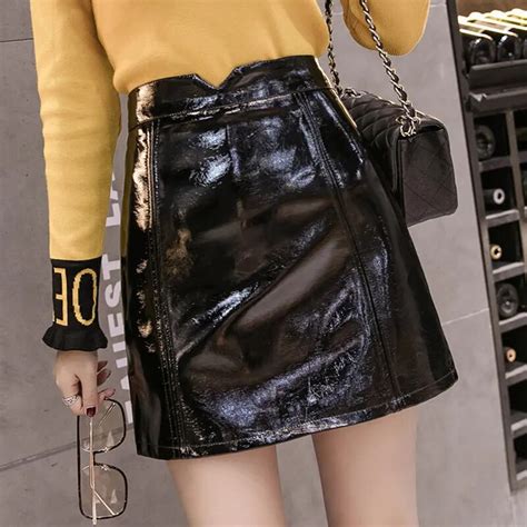 patent leather spliced high waist women short skirts female feminine