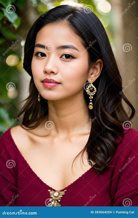 Portrait Of A Beautiful Young Asian Woman In A Red Dress Stock