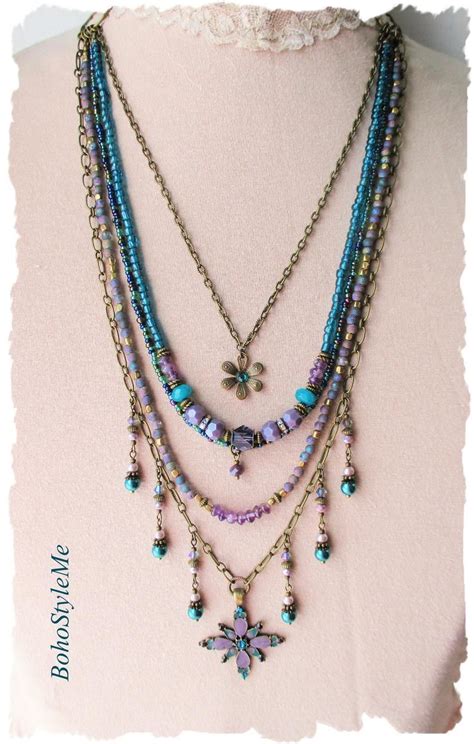 bohemian beaded layer necklace boho blue teal purple