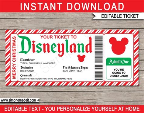 christmas disneyland trip printable disney ticket surprise etsy