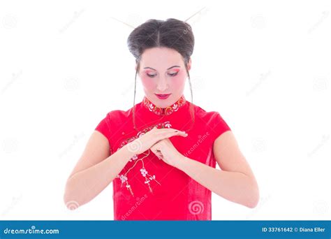 Portrait Of Young Attractive Brunette In Red Japanese Dress Isolated On