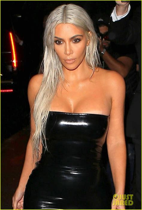 kim kardashian rocks platinum hair and skin tight dress for nyfw event