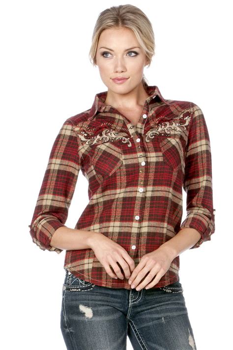 Embellished Western Plaid Top Western Shirts Womens Plaid Flannel