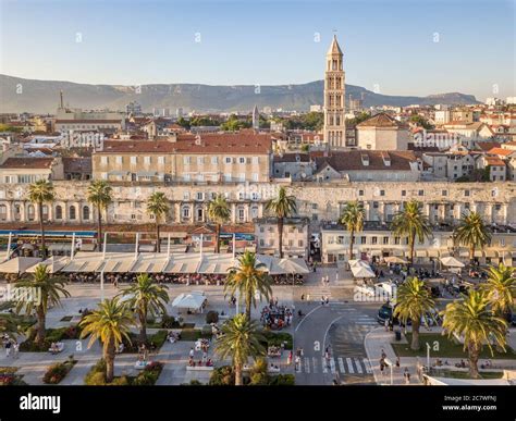 split croatia august    summer cityscape picture  diocletians palace bell