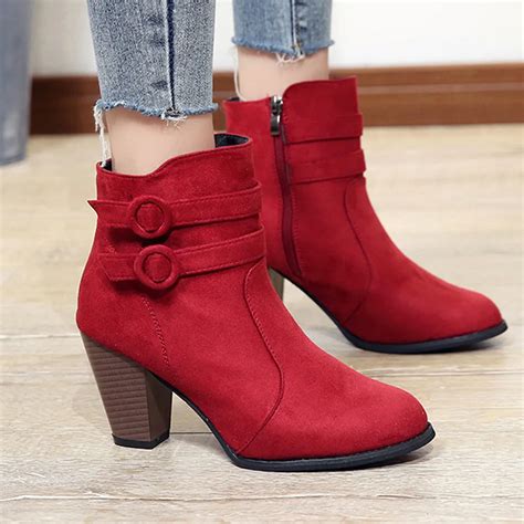 fashion red boots women ankle boots  women high heel autumn shoes women fashion zipper boots