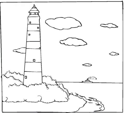 black  white drawing   lighthouse   beach  clouds