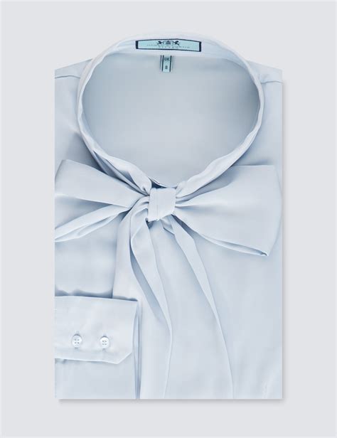 women s light blue fitted lightweight satin blouse pussy bow hawes
